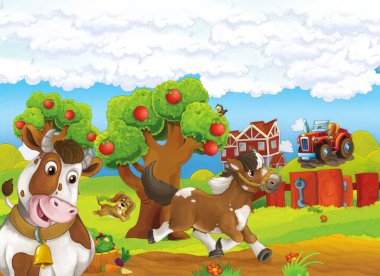 Çayırda çiftlik hayvanlarının olduğu çizgi film sahnesi çocuklar için eğlenceli bir illüstrasyon.