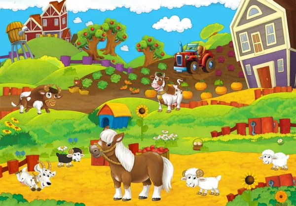 Rajzfilm Jelenet Farm Állat Réten Szórakozás Illusztráció Gyerekeknek — Stock Fotó
