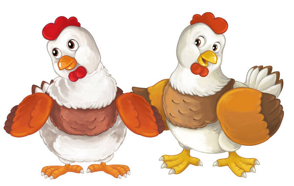 Cartoon happy farm animals - cheerful hens are doing something smiling and looking isolated illustration for children