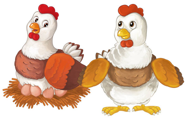 Cartoon happy farm animals - cheerful hens are doing something smiling and looking isolated illustration for children