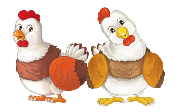 Cartoon happy farm animals - cheerful hens are doing something smiling and looking isolated illustration for children