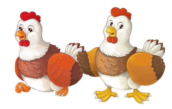 Cartoon happy farm animals - cheerful hens are doing something smiling and looking isolated illustration for children