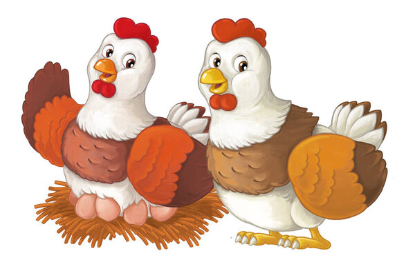 Cartoon happy farm animals - cheerful hens are doing something smiling and looking isolated illustration for children