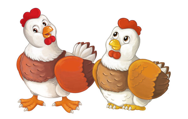 Cartoon happy farm animals - cheerful hens are doing something smiling and looking isolated illustration for children