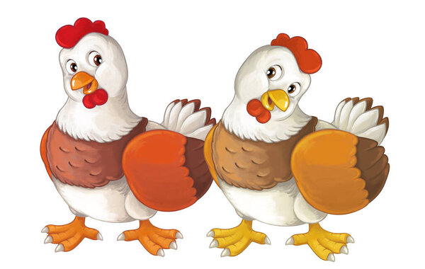 Cartoon happy farm animals - cheerful hens are doing something smiling and looking isolated illustration for children