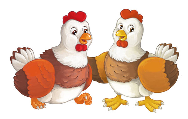 Cartoon happy farm animals - cheerful hens are doing something smiling and looking isolated illustration for children