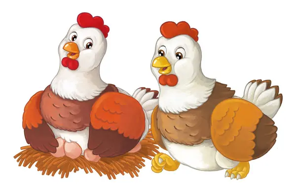 Çizgi Filmdeki Mutlu Çiftlik Hayvanları Neşeli Tavuklar Bir Şeyler Yapıyor — Stok fotoğraf
