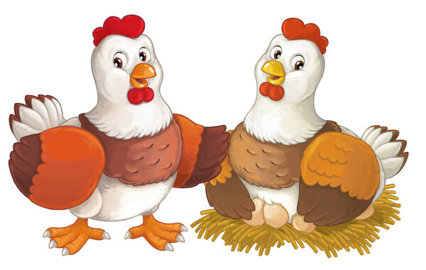 Cartoon happy farm animals - cheerful hens are doing something smiling and looking isolated illustration for children