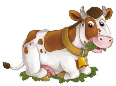 Mutlu çiftlik hayvanı ineği görünüşlü çizgi film sahnesi ve çocuklar için izole edilmiş gülümseme.