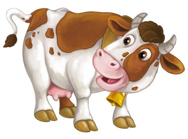 Mutlu çiftlik hayvanı ineği görünüşlü çizgi film sahnesi ve çocuklar için izole edilmiş gülümseme.