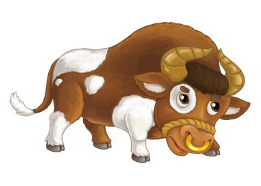 Mutlu çiftlik hayvanı ineği görünüşlü çizgi film sahnesi ve çocuklar için izole edilmiş gülümseme.