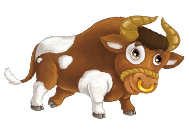 Mutlu çiftlik hayvanı ineği görünüşlü çizgi film sahnesi ve çocuklar için izole edilmiş gülümseme.