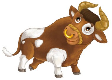 Mutlu çiftlik hayvanı ineği görünüşlü çizgi film sahnesi ve çocuklar için izole edilmiş gülümseme.