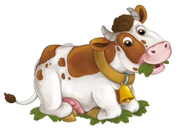 Cena Dos Desenhos Animados Com Vaca Animal Fazenda Feliz Olhando — Fotografia de Stock