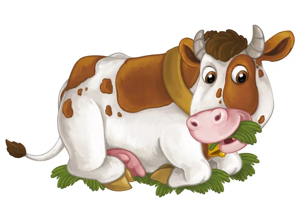 Escena Dibujos Animados Con Granja Feliz Vaca Animal Buscando Sonriendo — Foto de Stock