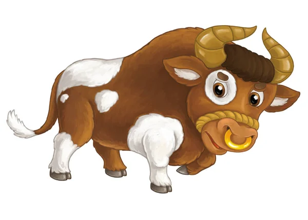 子供のための幸せな農場の動物の牛が見て微笑んでいる漫画のシーン — ストック写真