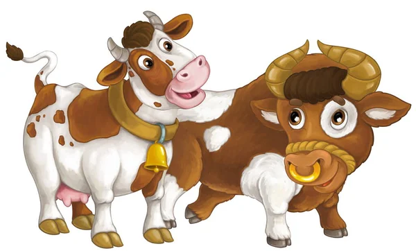 子供のための孤立したイラストを一緒に楽しんで楽しんでいる幸せな農場の牛と雄牛と笑顔の漫画のシーン — ストック写真