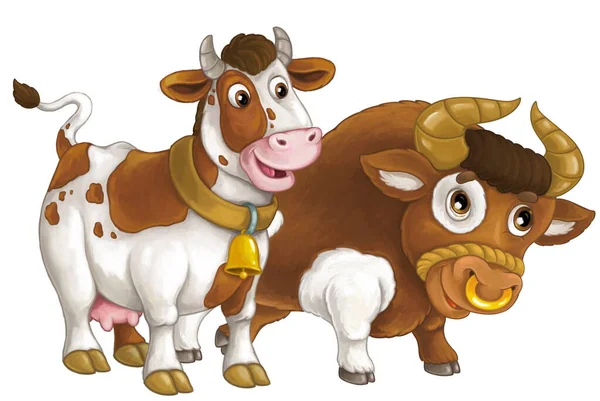 Мультяшная Сцена Счастливой Фермерской Коровой Булл Глядя Улыбаясь Весело Вместе — стоковое фото