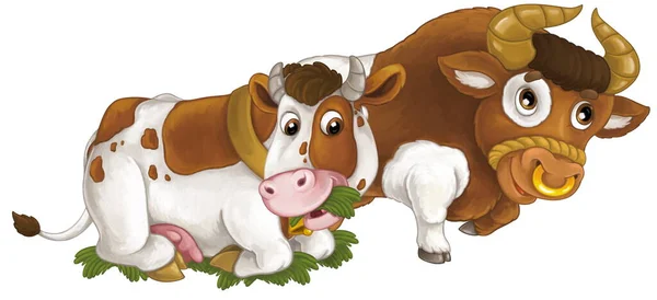 Escena Dibujos Animados Con Granja Feliz Vaca Animal Bul Buscando — Foto de Stock