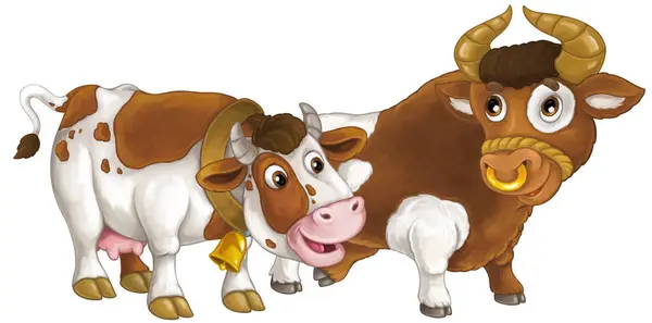 Kreslené Scény Šťastnou Farmu Zvíře Krávy Bul Hledá Usmívá Baví — Stock fotografie