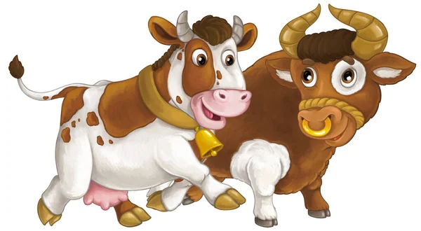 Мультяшная Сцена Счастливой Фермерской Коровой Булл Глядя Улыбаясь Весело Вместе — стоковое фото