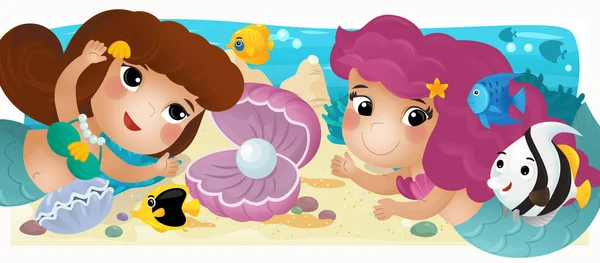 Cartoon ocean and the mermaid in underwater kingdom swimming with fishes - illustration for kids