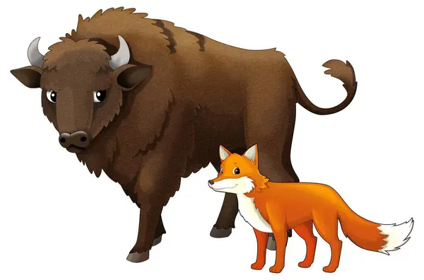 卡通野生动物野牛 金牛和狐狸为孩子们提供了孤立的例证 — 图库照片
