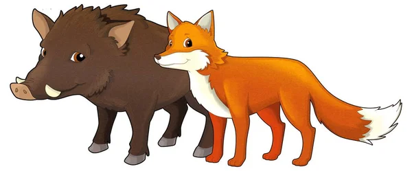 Cartoon Wildes Tier Wolf Oder Hund Glücklich Fuchs Und Eule — Stockfoto