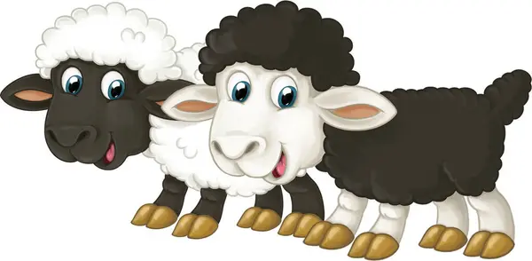 Cartoon Happy Farm Animal Cheerful Pair Sheep Isolated Illustration Children — Stock Photo, Image