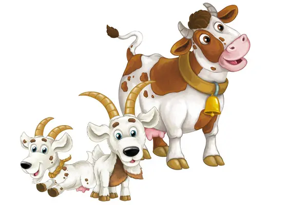 子供のための孤立したイラストを一緒に楽しんでいる幸せな農場の牛と2匹のヤギの漫画のシーン — ストック写真