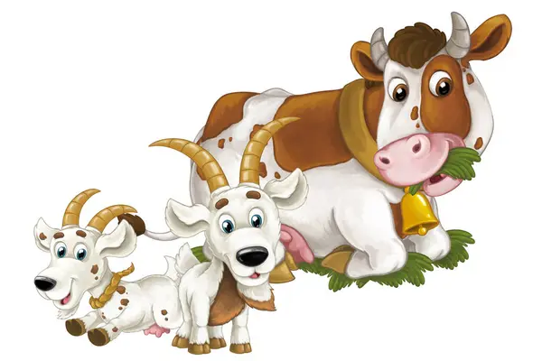 cartoon scene with happy farm animals cow and two goats having fun together isolated illustration for kids