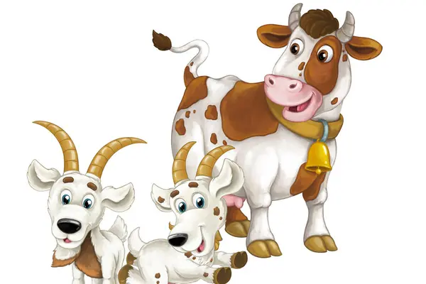 Escena Dibujos Animados Con Animales Granja Felices Vaca Dos Cabras — Foto de Stock