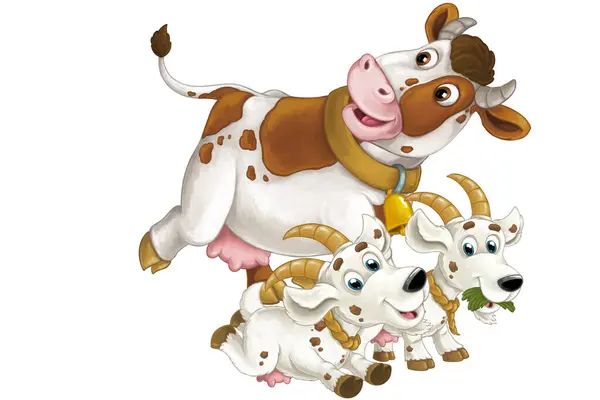 Escena Dibujos Animados Con Animales Granja Felices Vaca Dos Cabras — Foto de Stock
