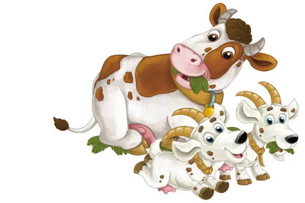 Cartoon Scene Happy Farm Animals Cow Two Goats Having Fun — Stock Photo, Image