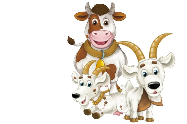 子供のための孤立したイラストを一緒に楽しんでいる幸せな農場の牛と2匹のヤギの漫画のシーン — ストック写真