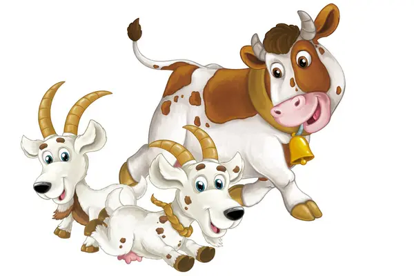 Escena Dibujos Animados Con Animales Granja Felices Vaca Dos Cabras —  Fotos de Stock
