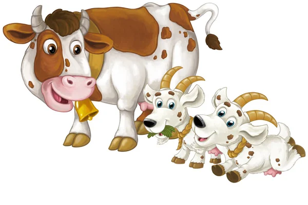 cartoon scene with happy farm animals cow and two goats having fun together isolated illustration for kids