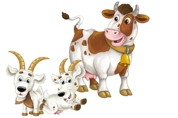 Мультяшная Сцена Счастливыми Домашними Животными Коровой Двумя Козами Веселящимися Вместе — стоковое фото