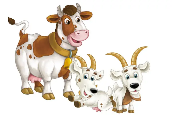 cartoon scene with happy farm animals cow and two goats having fun together isolated illustration for kids