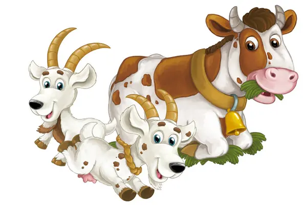 Cartoon Szene Mit Glücklichen Nutztieren Kuh Und Zwei Ziegen Spaß — Stockfoto