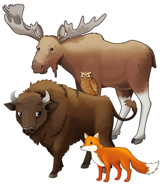 Cartoon Wild Animal Bison Aurochs Fox Isolated Illustration Children — Stock Photo, Image