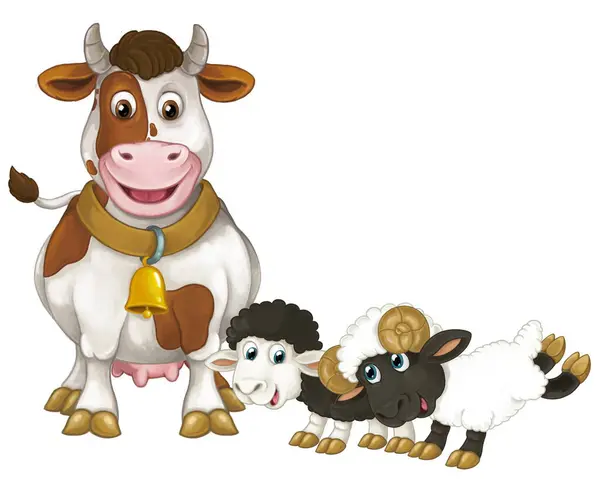 Σκηνή Κινουμένων Σχεδίων Ευτυχισμένη Κτηνοτροφική Αγελάδα Αναζητούν Και Χαμογελώντας Και — Φωτογραφία Αρχείου