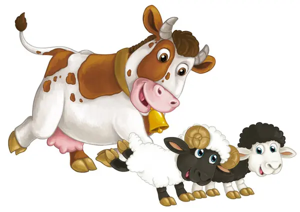 Cena Dos Desenhos Animados Com Vaca Animal Fazenda Feliz Olhando — Fotografia de Stock