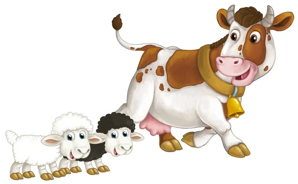 幸せな農場の動物の牛が見て笑顔と2匹の羊の友人が子供のためのイラストを隔離した漫画のシーン — ストック写真