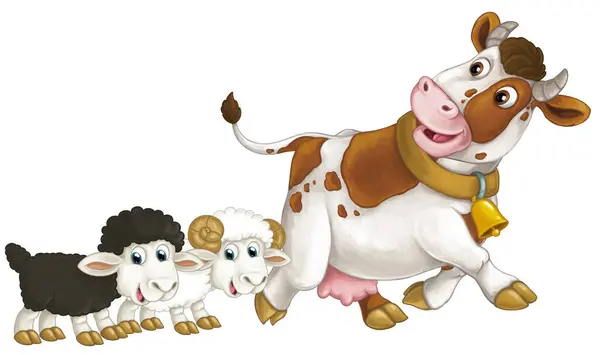 cartoon scene with happy farm animal cow looking and smiling and two sheep friends isolated illustration for children