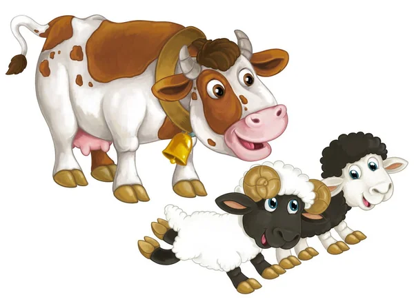 Cartoon Scene Happy Farm Animal Cow Looking Smiling Two Sheep — Stock Photo, Image