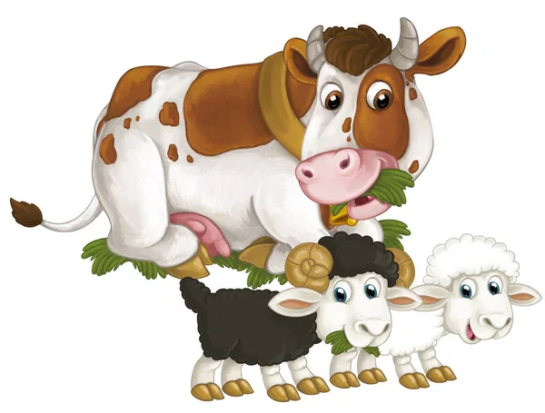 Escena Dibujos Animados Con Granja Feliz Vaca Animal Mirando Sonriendo — Foto de Stock