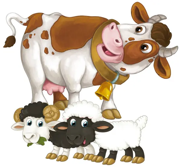 Kreslené Scény Šťastnou Farmu Zvíře Kráva Hledá Usmívá Dvě Ovce — Stock fotografie