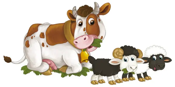 Escena Dibujos Animados Con Granja Feliz Vaca Animal Mirando Sonriendo —  Fotos de Stock