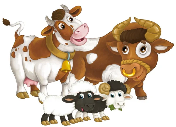 Scena Kreskówek Szczęśliwy Gospodarstwo Zwierząt Krowy Bul Dwie Owce Zabawy — Zdjęcie stockowe
